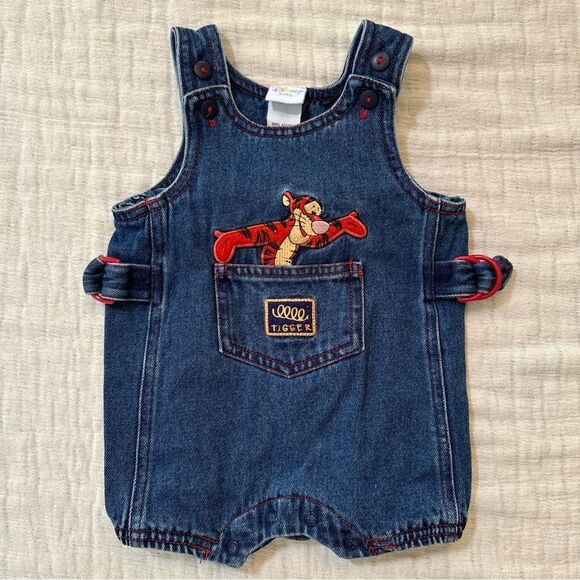 90’s Tigger Disney Baby Denim Jean Shortalls Overalls Vintage Size 0-3months - Picture 1 of 7